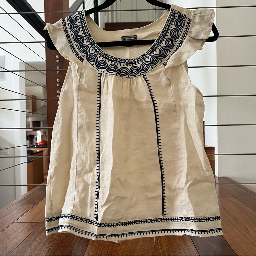 Ivory Sleeveless Top with Navy Embroidery
